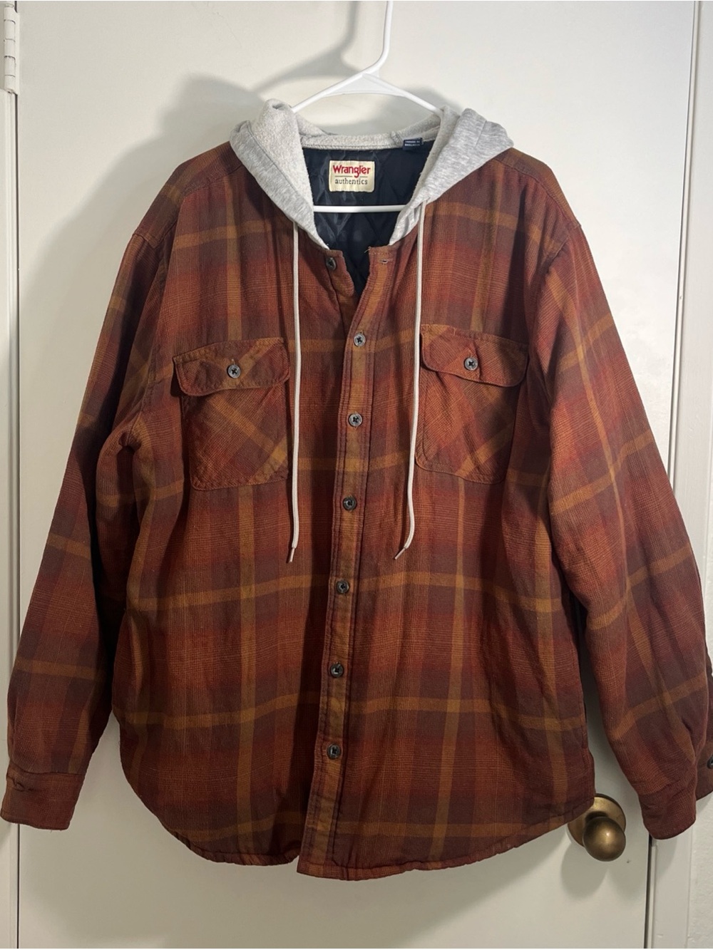 Wrangler Authentics Brown/Rust Plaid Hooded Shirt Jacket SzXL lined quilted hood